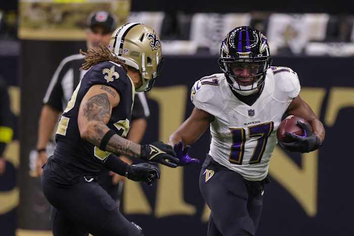 Baltimore Ravens running back Kenyan Drake (17) rushes against New Orleans Saints safety Tyrann Mathieu (32) during the first half at Caesars Superdome.